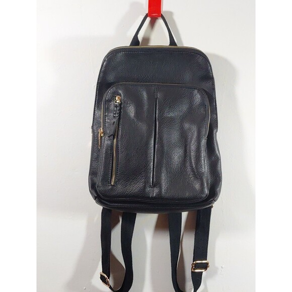 Woman\'s Black Faux Leather Gold Zippers Double Strap Bookbag Small 11.5\